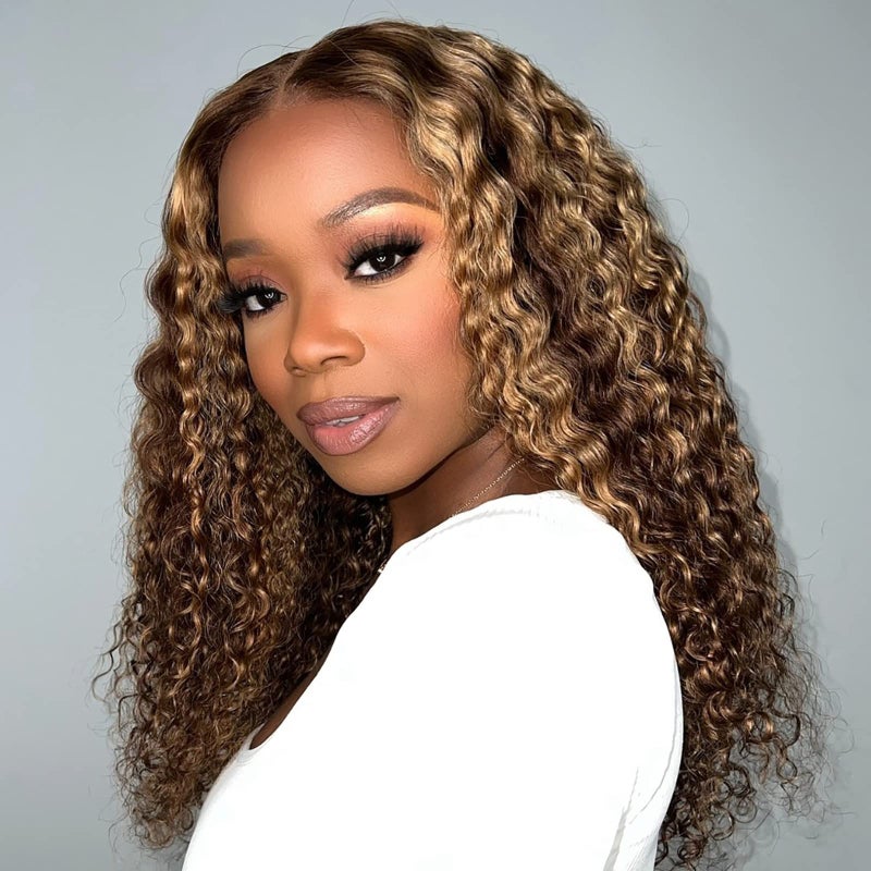 Juvid Highlight Ombre 13x6 Lace Front Wigs Human Hair 180 Density Curly Honey Blonde 427 HD Transparent Frontal Wig for Women Deep Wave Pre Plucked Bleached Knots 18 Inch